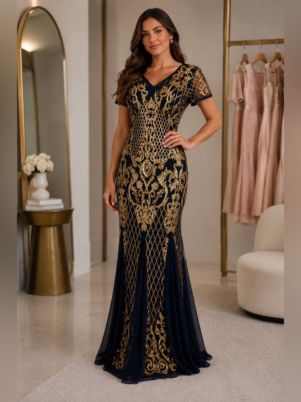 R&M Richards 7585 Navy Blue and Gold Sequin Formal Long Gown Dress